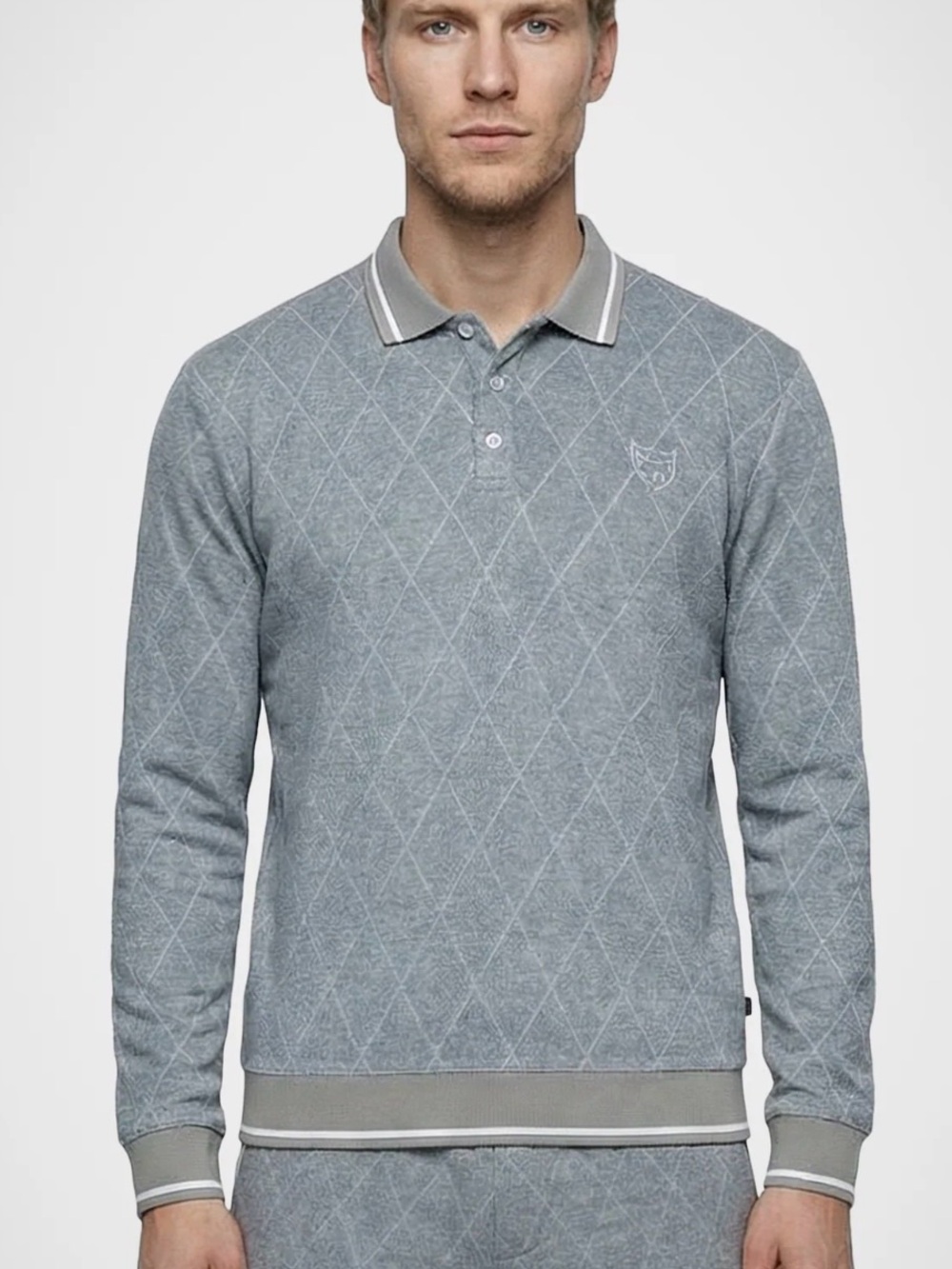 NWT Golf Linx Men's Long Sleeve Grey terry Diamond-Pattern Polo Sweater Sz M